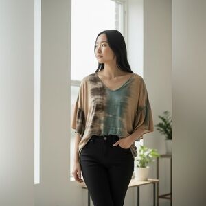 mts Tie-Dye V-Neck Dolman Sleeve Blouse in Tan, Teal & Brown